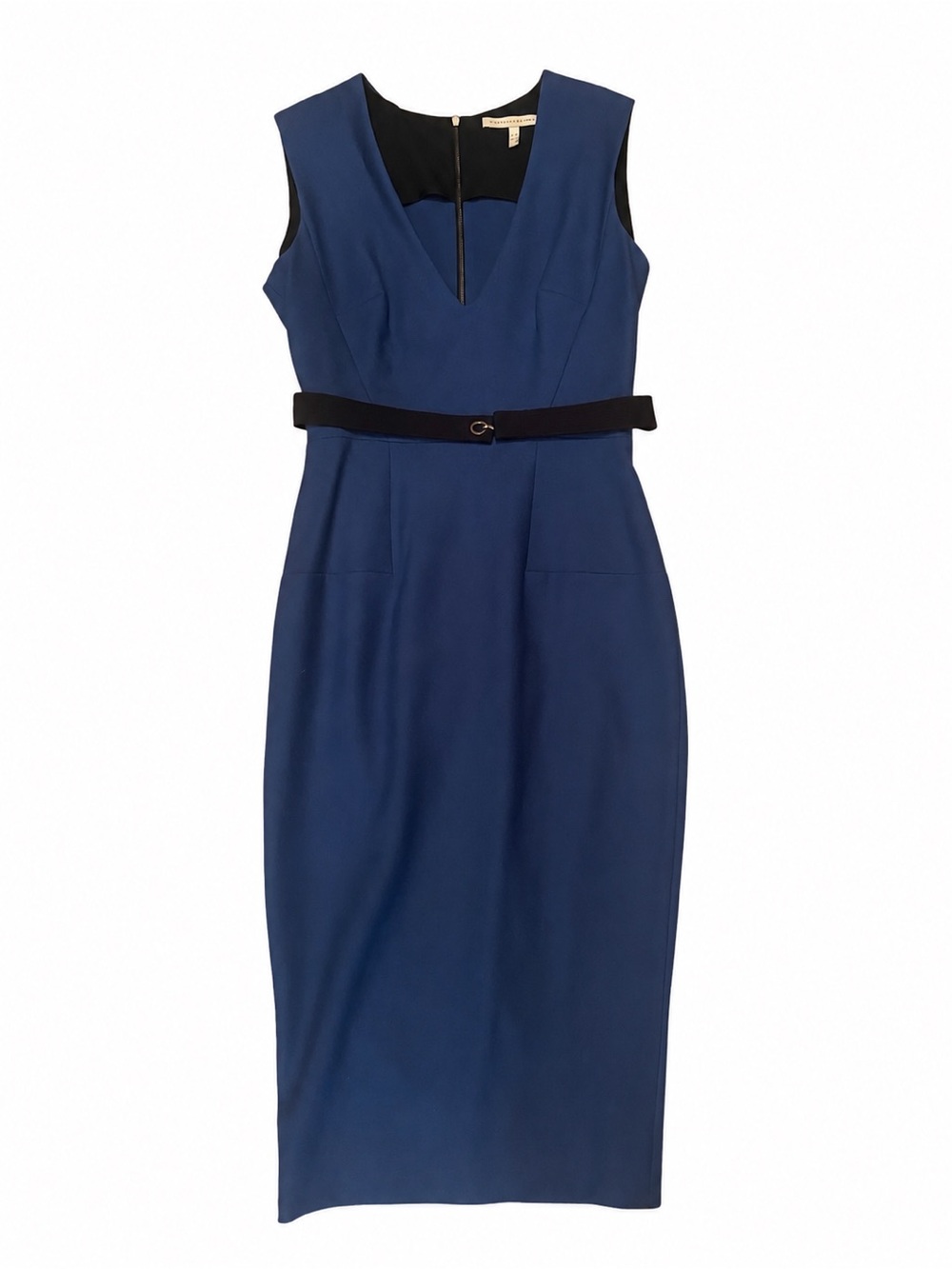 Victoria Beckham Sleeveless Midnight Blue Sheath Dress with Black Belt